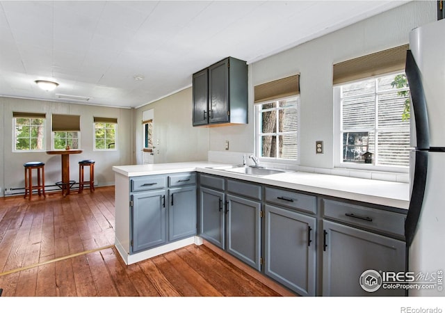 kitchen with a peninsula, dark wood-style flooring, freestanding refrigerator, gray cabinetry, and a sink
