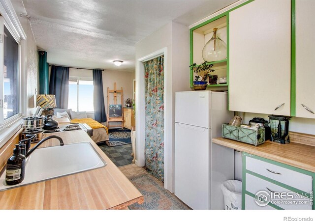 kitchen with a sink, freestanding refrigerator, and a textured ceiling