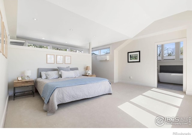 bedroom with carpet flooring, baseboards, a wall unit AC, and recessed lighting