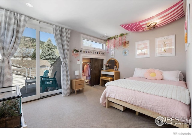 bedroom with carpet and access to exterior