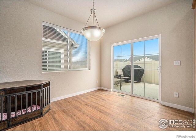 unfurnished dining area with wood finished floors, plenty of natural light, baseboards, and a textured wall