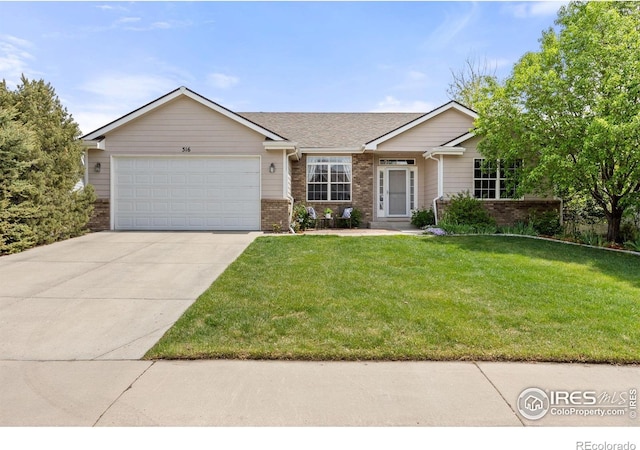 316 Whitney Bay, Windsor, CO 80550 - ranch-style home featuring brick siding, an attached garage, a front lawn, and concrete driveway