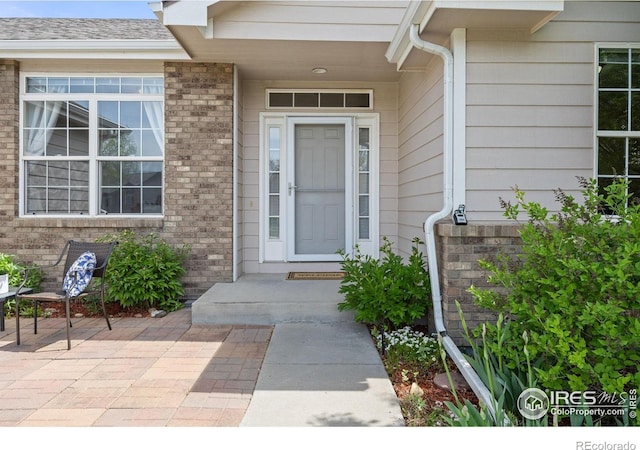 316 Whitney Bay, Windsor, CO 80550 - doorway to property with brick siding and a patio