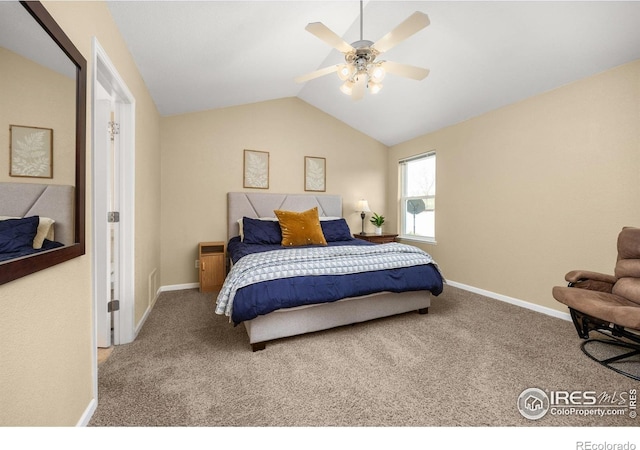316 Whitney Bay, Windsor, CO 80550 - carpeted bedroom with lofted ceiling, baseboards, and ceiling fan