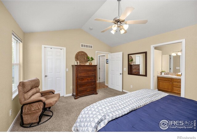 316 Whitney Bay, Windsor, CO 80550 - bedroom featuring vaulted ceiling, baseboards, carpet flooring, ceiling fan, and ensuite bath
