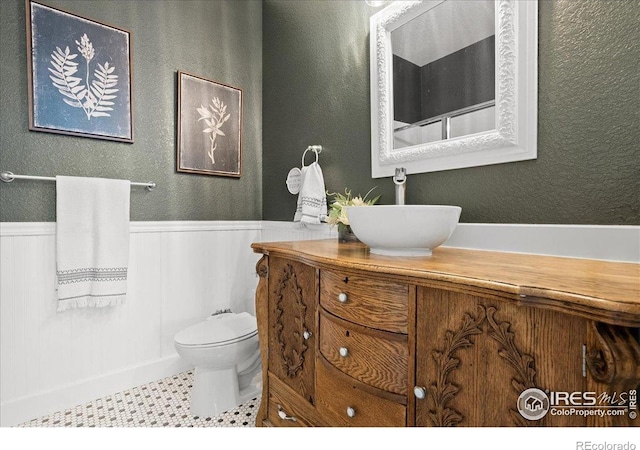 6111 Story Rd, Timnath, CO 80547 - bathroom featuring wainscoting, vanity, and toilet