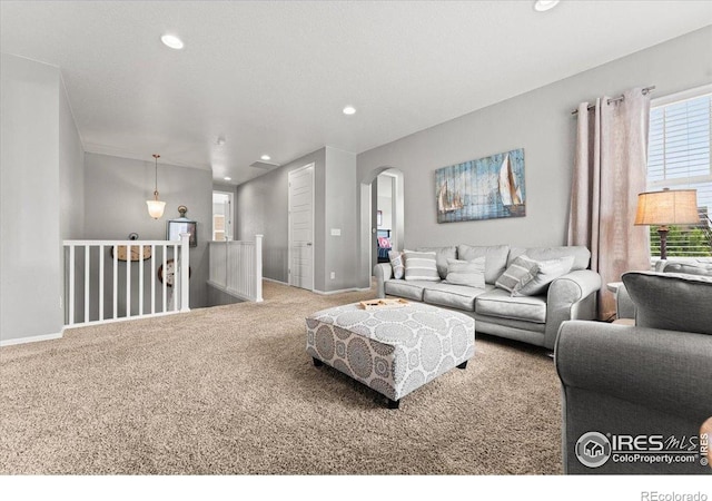 6111 Story Rd, Timnath, CO 80547 - carpeted living room with arched walkways, recessed lighting, and baseboards