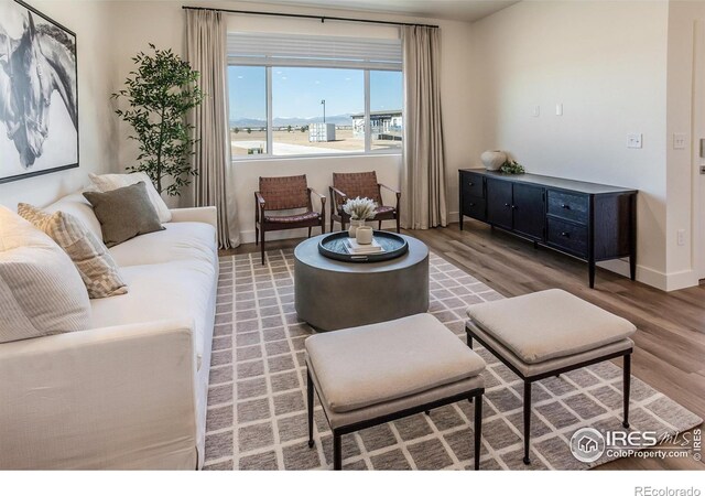 living area featuring wood finished floors and baseboards