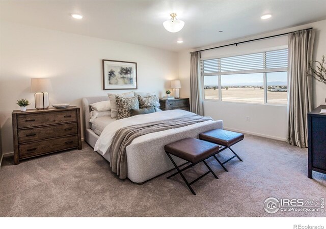 bedroom featuring carpet floors, baseboards, and recessed lighting