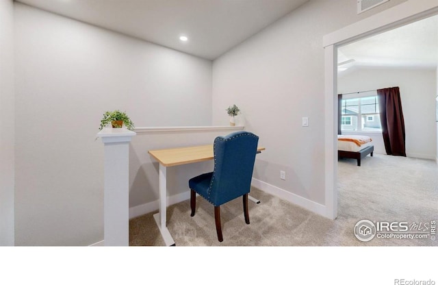 4157 Trapper Lake Dr, Loveland, CO 80538 - office with carpet flooring, vaulted ceiling, baseboards, and recessed lighting