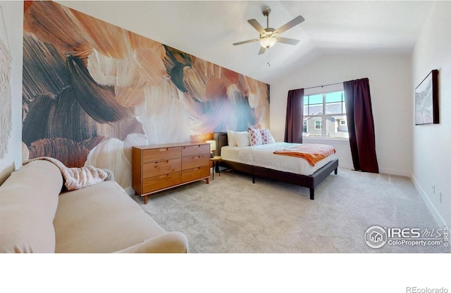 4157 Trapper Lake Dr, Loveland, CO 80538 - carpeted bedroom featuring lofted ceiling, ceiling fan, and baseboards