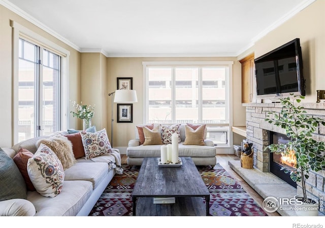 living room featuring healthy amount of natural light, ornamental molding, a fireplace, and wood finished floors
