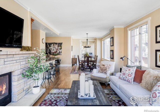 living room featuring wood finished floors, baseboards, a stone fireplace, and crown molding