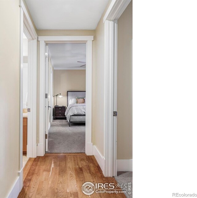 hallway with light wood-style flooring, light carpet, and baseboards