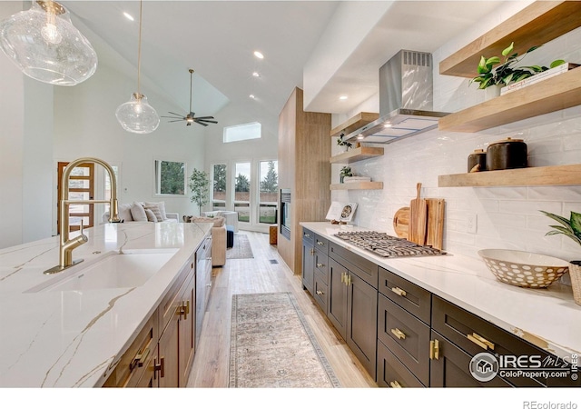 5304 Vardon Way, Fort Collins, CO 80528 - kitchen featuring open shelves, stainless steel appliances, exhaust hood, light wood-type flooring, and ceiling fan