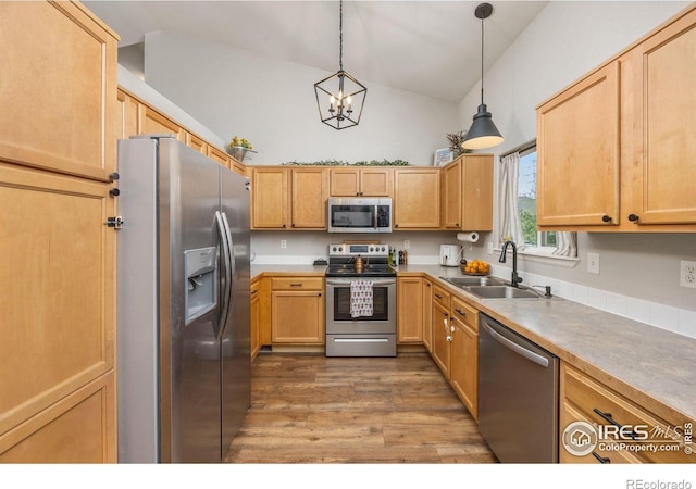 kitchen featuring stainless steel appliances, a sink, lofted ceiling, wood finished floors, and a chandelier