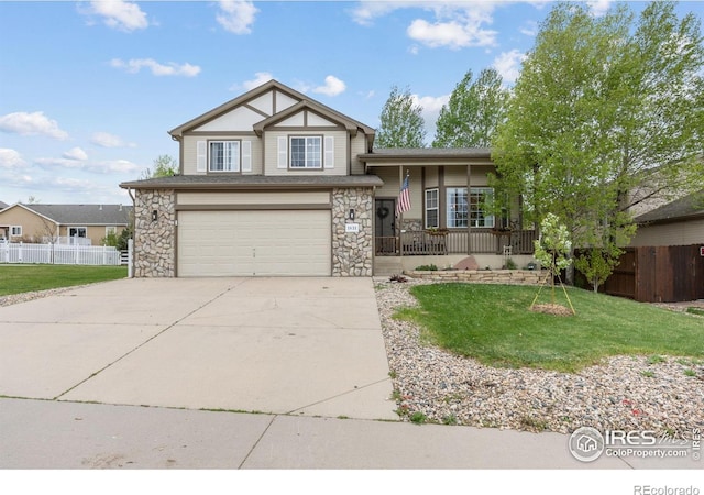 view of front of home featuring concrete driveway, a garage, a porch, and stone siding