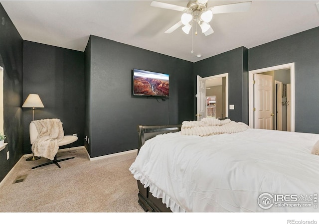 bedroom with carpet, ceiling fan, and baseboards