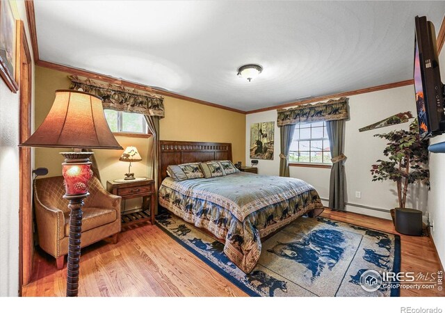 14531 Country Hills Dr, Brighton, CO 80601 - bedroom with wood finished floors, a baseboard radiator, and crown molding
