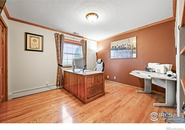 14531 Country Hills Dr, Brighton, CO 80601 - office featuring a baseboard radiator, ornamental molding, light wood-type flooring, a textured ceiling, and baseboards