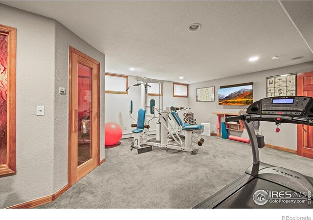 14531 Country Hills Dr, Brighton, CO 80601 - workout room with baseboards, recessed lighting, carpet floors, a textured ceiling, and a textured wall
