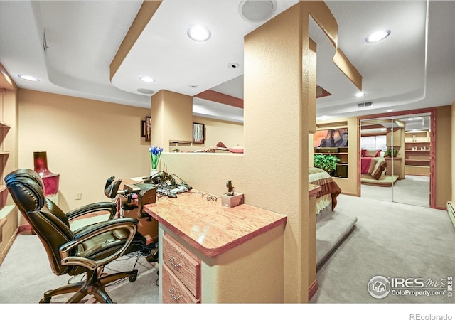 14531 Country Hills Dr, Brighton, CO 80601 - office with carpet flooring, a raised ceiling, and recessed lighting