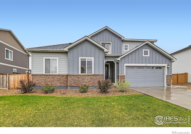 craftsman house featuring board and batten siding, driveway, brick siding, and a garage