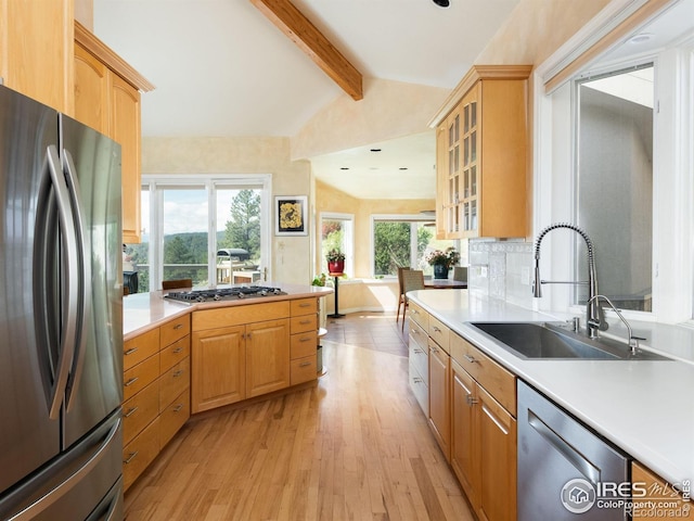kitchen with appliances with stainless steel finishes, a sink, light wood-style flooring, light countertops, and glass insert cabinets