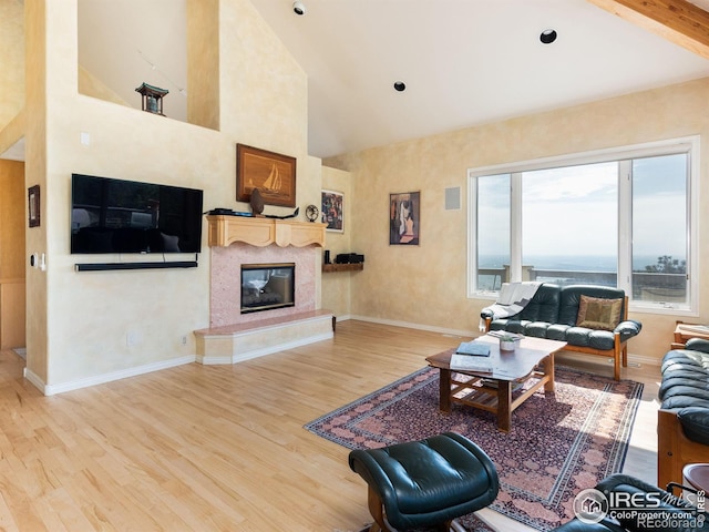 living room with wood finished floors, high vaulted ceiling, baseboards, and a fireplace