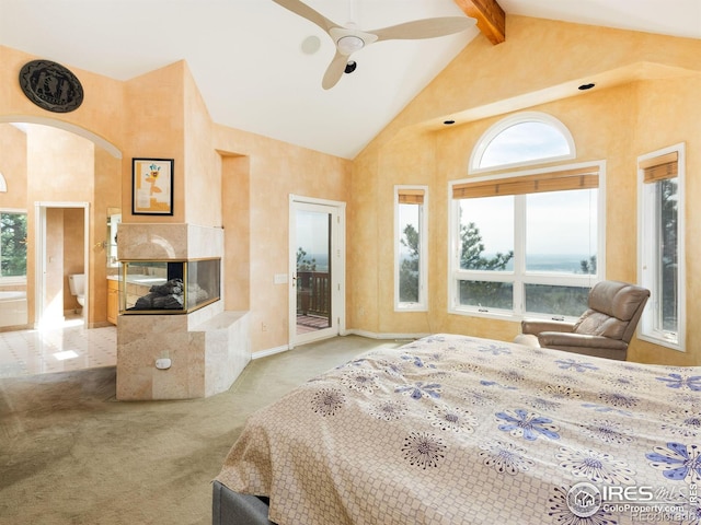 bedroom with high vaulted ceiling, multiple windows, carpet, access to outside, and beamed ceiling