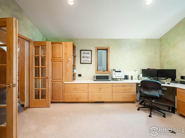 home office with light carpet, vaulted ceiling, and recessed lighting