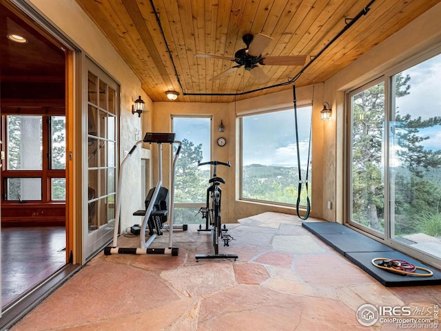 exercise area featuring wooden ceiling and a ceiling fan