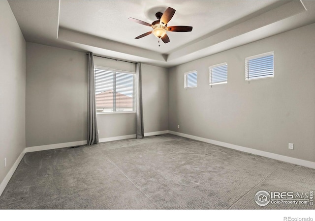1940 Rolling Wind Dr, Windsor, CO 80550 - spare room with a raised ceiling, a ceiling fan, healthy amount of natural light, and carpet floors
