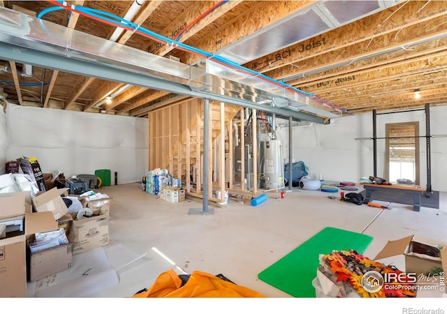 basement with water heater and heating unit