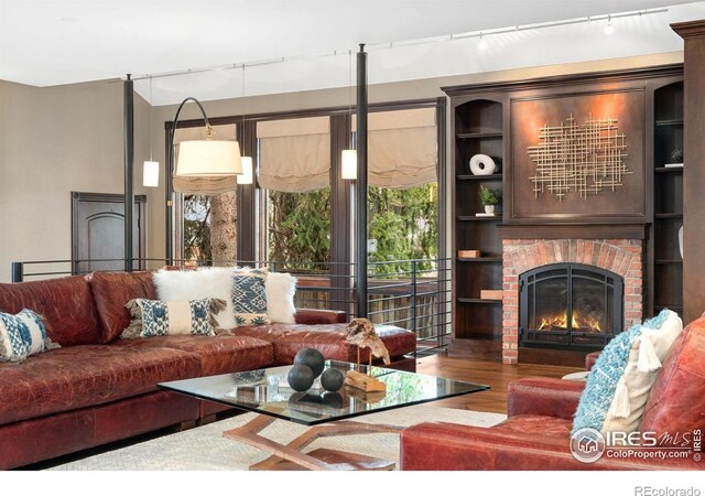 living area featuring track lighting, wood finished floors, and a fireplace