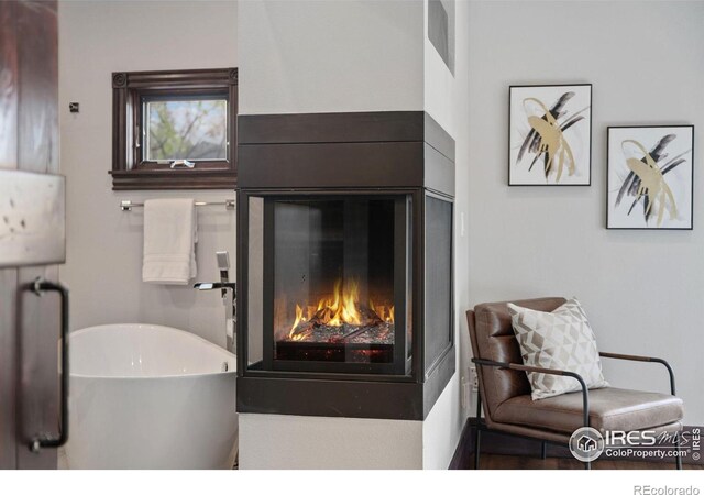 bathroom with a glass covered fireplace and a soaking tub