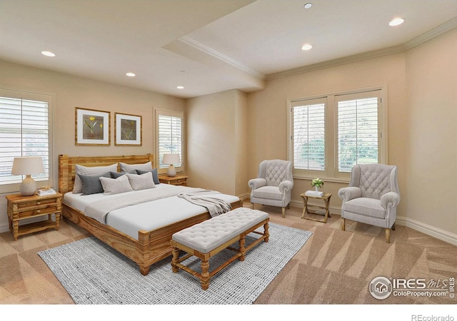 bedroom featuring light carpet, multiple windows, recessed lighting, ornamental molding, and baseboards