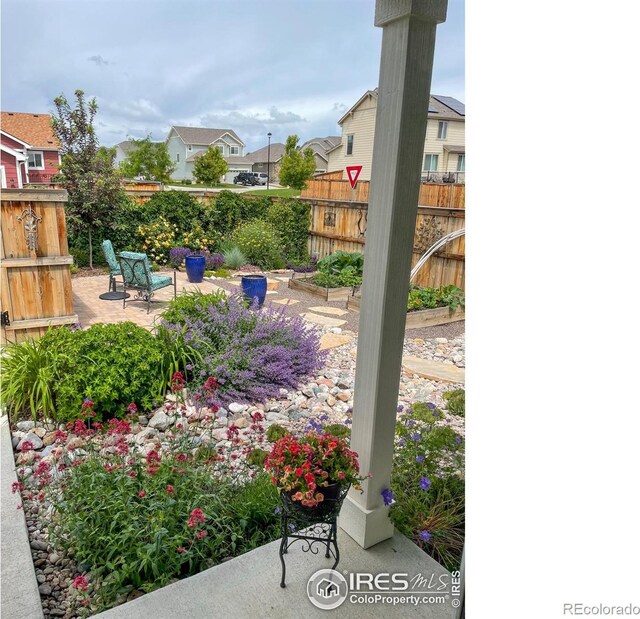 view of yard with fence, a patio area, and a residential view
