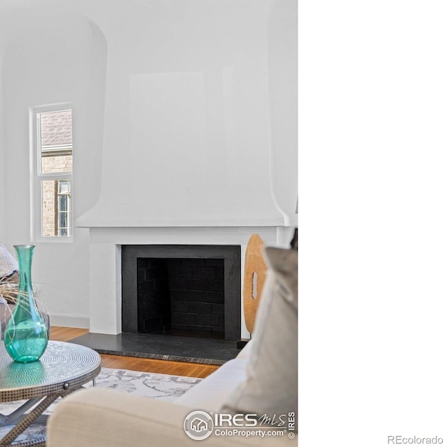 detailed view of a fireplace and wood finished floors