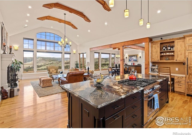 kitchen with stainless steel stove, light wood-style flooring, open shelves, a kitchen island, and recessed lighting