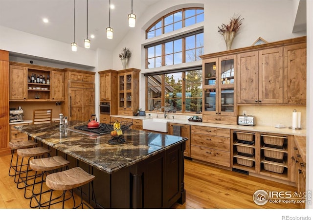kitchen featuring a sink, light wood-style floors, brown cabinets, open shelves, and high vaulted ceiling