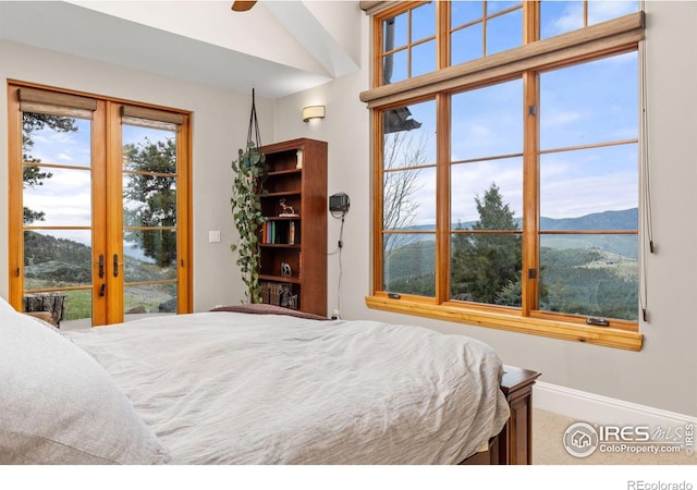 bedroom with access to exterior, multiple windows, a mountain view, and carpet