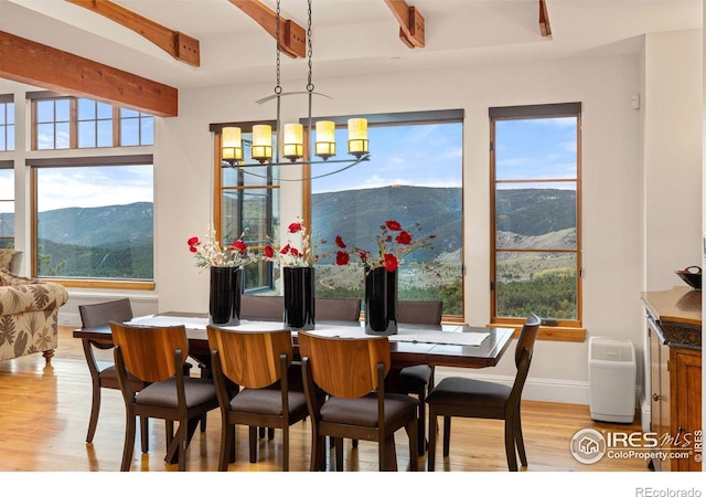 dining room with beam ceiling, light wood-style flooring, and healthy amount of natural light