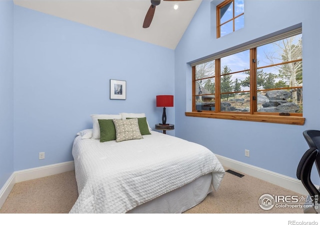 bedroom with baseboards, carpet floors, high vaulted ceiling, a ceiling fan, and recessed lighting