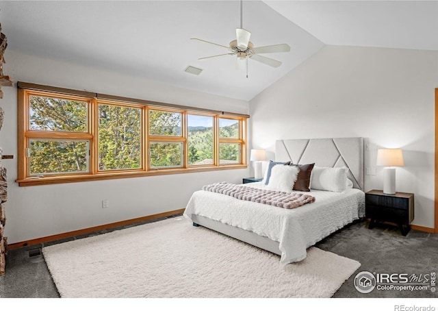 560 Northstar Ct, Boulder, CO 80304 - carpeted bedroom with vaulted ceiling, ceiling fan, and baseboards