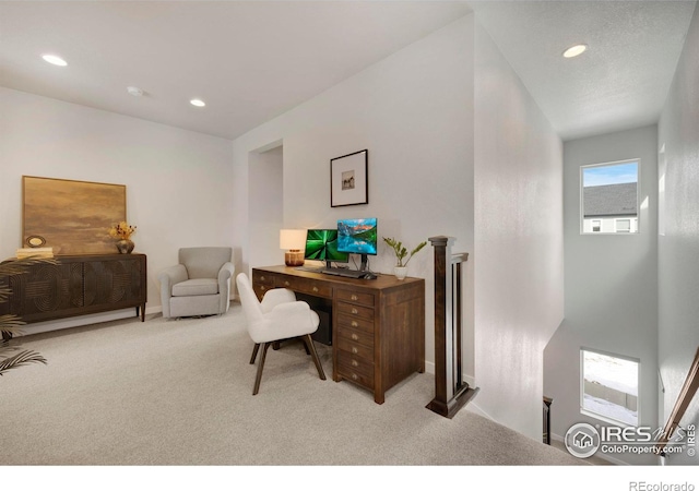 carpeted home office with recessed lighting and baseboards