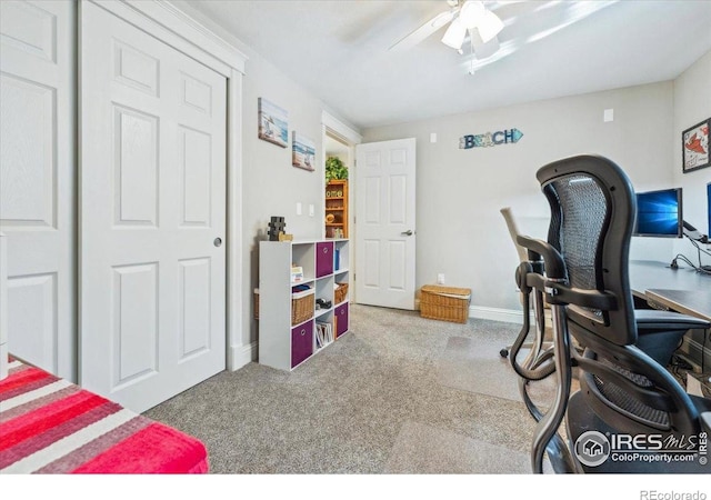 4880 Filbert Dr, Loveland, CO 80538 - home office featuring carpet floors, a ceiling fan, and baseboards
