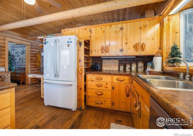 1810 N Ridge Ln, Estes Park, CO 80517 - kitchen featuring freestanding refrigerator, a sink, rustic walls, wooden ceiling, and beamed ceiling