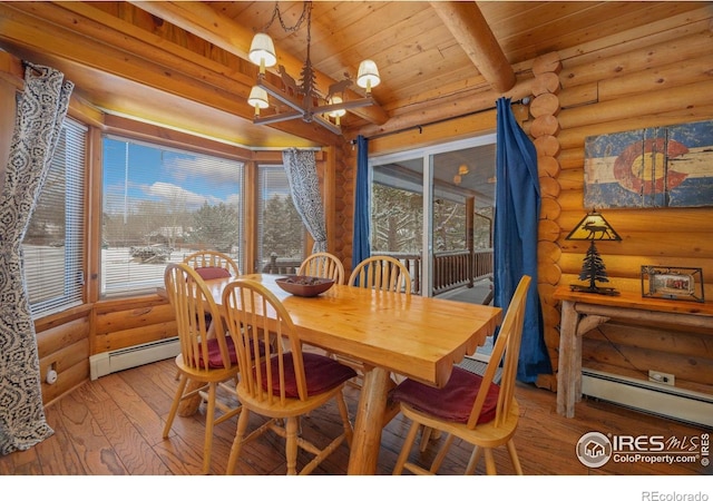 1810 N Ridge Ln, Estes Park, CO 80517 - dining room with log walls, hardwood / wood-style flooring, wooden ceiling, beam ceiling, and a chandelier