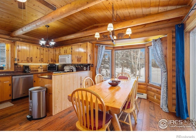1810 N Ridge Ln, Estes Park, CO 80517 - dining space with a baseboard radiator, wood ceiling, a chandelier, wood-type flooring, and rustic walls